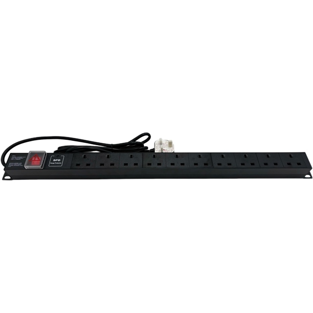 1 U 10 Way UK British Type Power Distribution Unit with SPD Over 19 Inch 2m Cable and UK Plug for Rack Cabinet