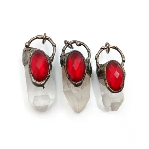 Wholesale natural quartz original jewelry freeform Healing Point red crystal cluster white raw rough stone bronze pendant