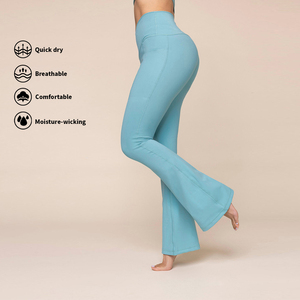 Pantalones acampanados de yoga reciclados ecológicos, de cintura alta, cruzados desnudos, ajustados, informales, atléticos, de pierna ancha, sólidos, para levantamiento de cadera - Product Image 4