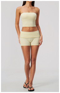 Conjunto de 2 Piezas a Rayas para Mujer, Top Corto sin Tirantes y Pantalones Cortos de Cintura Alta, Atuendo Casual de Primavera/Verano, Tejido de Punto Transpirable de Poliéster - Product Image 6