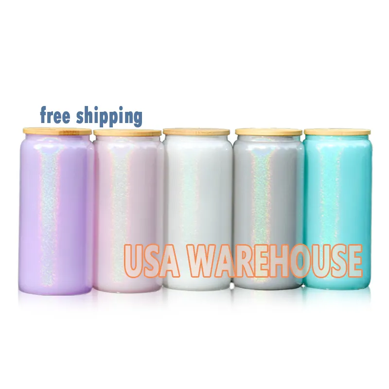 USA Warehouse Wholesale Beer Can Shaped Cup 16oz glitter holographic glass cans drinking glasses for white sublimation printing