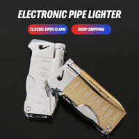 Briquet multifonction en métal avec logo personnalisé, accessoires pour pipes à fumer, briquet à flamme ouverte rechargeable au gaz butane