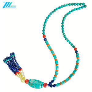 Turquoise naturelle et <span class=keywords><strong>corail</strong></span> rouge orangé avec pendentif pompon en lapis-lazuli et citrine de petite taille Pierre précieuse de style traditionnel - Product Image 3