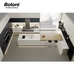 Muebles de cocina de diseño moderno, armarios de cocina laminados de Metal brillante