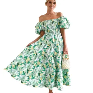 Boskims 2024 Summer Women's Bohemian Print Dress One Shoulder Vacation Style Sexy Loose with Natural Waistline Sustainable
