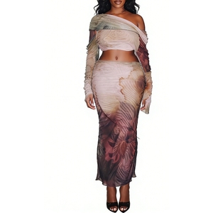 Women's One Shoulder <b>Tie</b> Dye Print Mesh Top & Skirt Side <b>Tie</b> up 2 Piece <b>Set</b> Clothing Women Fashion - Product Image 2