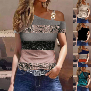 Femmes Eté Chic Elégant Asymétrique <span class=keywords><strong>T</strong></span>-<span class=keywords><strong>shirt</strong></span> à Manches Courtes Imprimé One Shoulder Blouse <span class=keywords><strong>Femme</strong></span> Tendance 2025 - Product Image 6