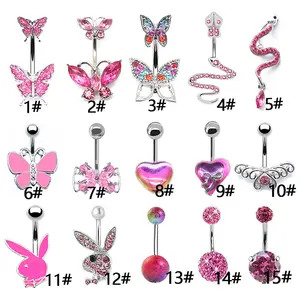 NUORO 14G Pink Cubic Zirconia Heart Butterfly Snake Short Naval Piercing With Women Surgical Steel Bunny Belly Button Ring