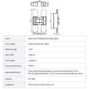 140*30Mm Trắng Kẽm Hợp Kim 3D Có Thể Điều Chỉnh Giấu Cổng Bản Lề Ẩn Vô Hình Cửa Bản Lề 180 Độ Cửa Bản Lề - Product Image 4