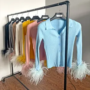QIUCHEN QC22015 Women Spring Knitwear With Ostrich Feather Fur Cuff Luxury Button Knitted Sweater Coat