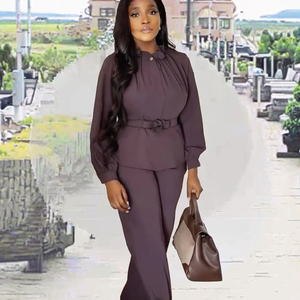 Ensemble élégant 2 pièces pour femme : haut en satin uni à manches longues avec ceinture et pantalon large brodé à fermeture éclair, coupe droite longueur pleine, idéal pour l'été - Product Image 3