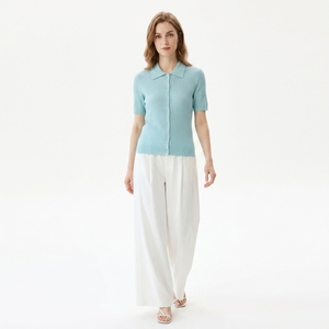 Top de Punto con Cuello Polo Elegante para Mujer, Mezcla de Cachemira y Triacetato al 70%, Manga Corta de Verano, OEM - Product Image 2