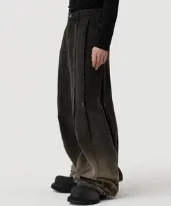 Yüksek kalite uzun pantolon boy çok pilili yan yapış denim kot eski retro günlük pantolon gevşek demir ücretsiz pantolon