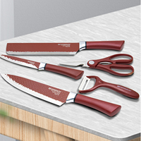 Set Pisau Dapur Premium 5pcs, Pisau Chef Super Tajam, Lapisan Anti Lengket Merah Vintage, Baja Tahan Karat, Peralatan Masak