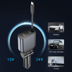 2-in-1 fast car charger with usb and type-c ports car phone charger adapter fast car <b>battery</b> charger with 1 x 70cm retractable c - Product Image 5