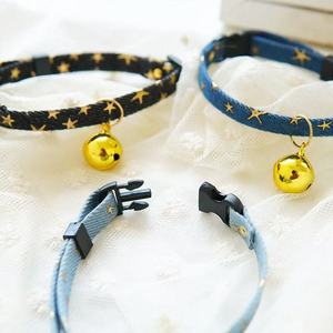 Pet Denim Collar With Bell Adjustable For Small <b>Dogs</b> And Cats <b>Light</b> Blue Black Geometry Pattern All Seasons - Product Image 2