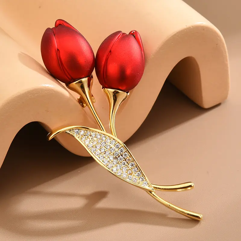 Moda elegante micro-conjunto zircão, cabeça dupla, tulipas, luxo feminino, temperamento, rosa, flor, broche, corpete