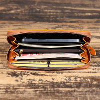 Dompet Wanita Kulit Sapi Asli Model Clutch Panjang dengan Ritsleting, Dompet Koin Kulit Asli Tempat Kartu Kunci