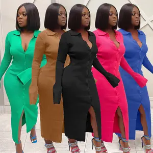 2022 गिर फैशन महिलाओं बुना हुआ कपड़े बारी-डाउन कॉलर लंबे समय भड़क आस्तीन काटने का निशानवाला पोशाक लंबी बुनना पोशाक कार्डिगन महिलाओं