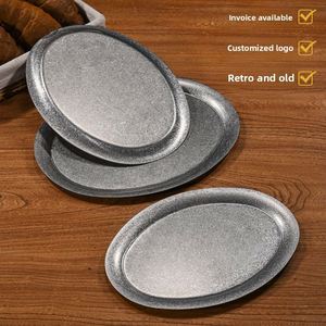 Japanese Retro Oval <b>Tray</b>, 304 Stainless Steel Oval Plate, Distressed Finish, Custom Logo for Restaurant, Dessert,<b>BBQ</b> - Product Image 3