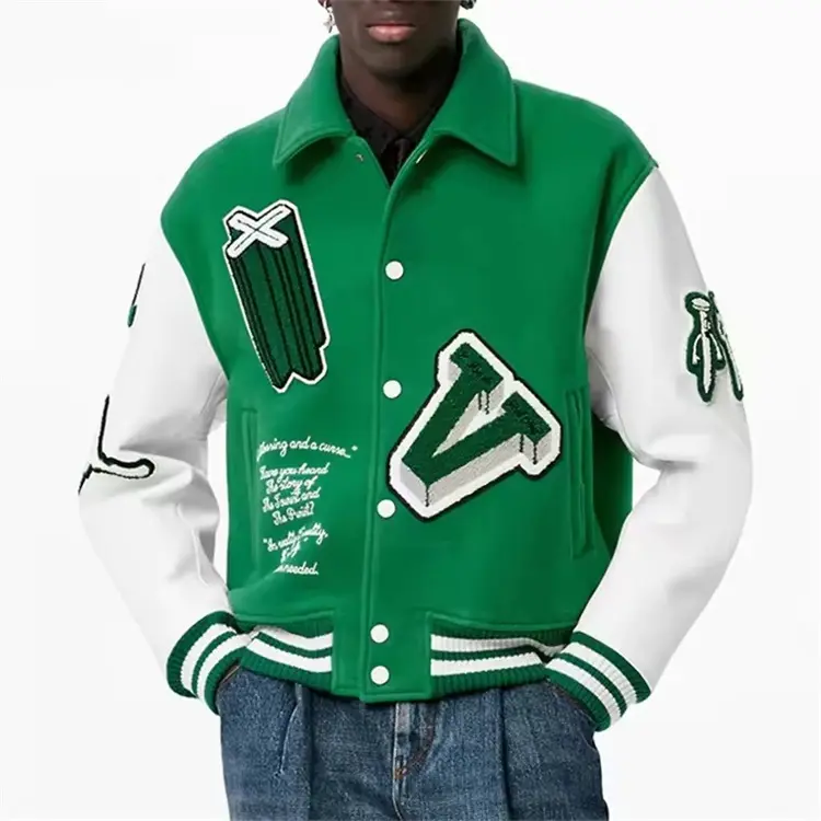 Jaqueta de beisebol Letterman para homens, jaqueta de beisebol vintage com remendo de couro bordado com corrente personalizada OEM