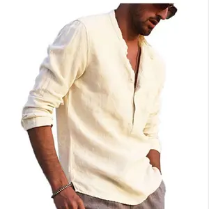 Men' s Shirt Solid Color Stand Collar Long Sleeve Shirt Men' s Blouse Linen Shirts S-2XL