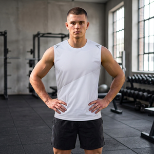 New <b>Men's</b> <b>White</b> Sleeveless Athletic <b>Vest</b> Crew Neck Moisture Wicking Quick Dry Breathable Solid Color Tank Top for All Seasons - Product Image 3
