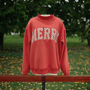 Wholesale Custom <b>Women</b> <b>Christmas</b> <b>Sweatshirt</b> Red Mock Neck Oversized Merry Letter Patchwork Fleece Pullover Manufacturer Applique - Product Image 3