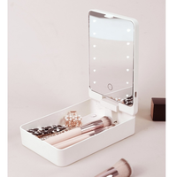 Miroir de maquillage de bureau portable à LED rechargeable par USB avec logo personnalisé en usine, grossissement 1X, rose, boîte à pinceaux cosmétiques