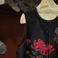 Gilet polyvalent noir en soie de mûrier brodé 'Butterfly Loves Flower' à col rond et simple boutonnage pour femme, modèle 5854