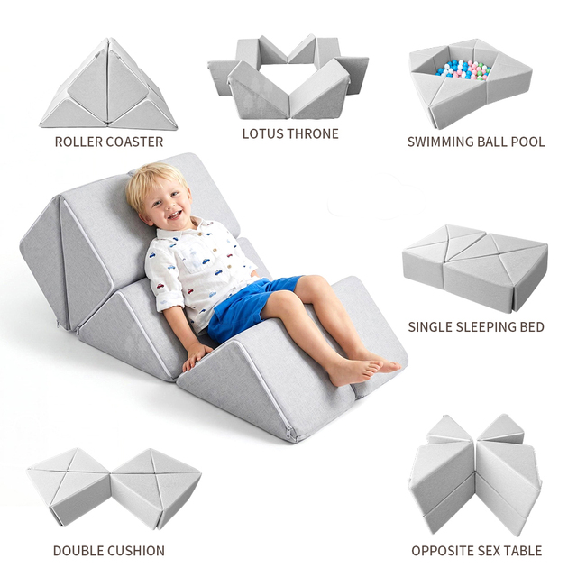 Multi-functional Foldable Triangle Foam Modular Baby Play Couch Washable Convertible Kids Sofa Bed Ball-Pit Fort Lounger