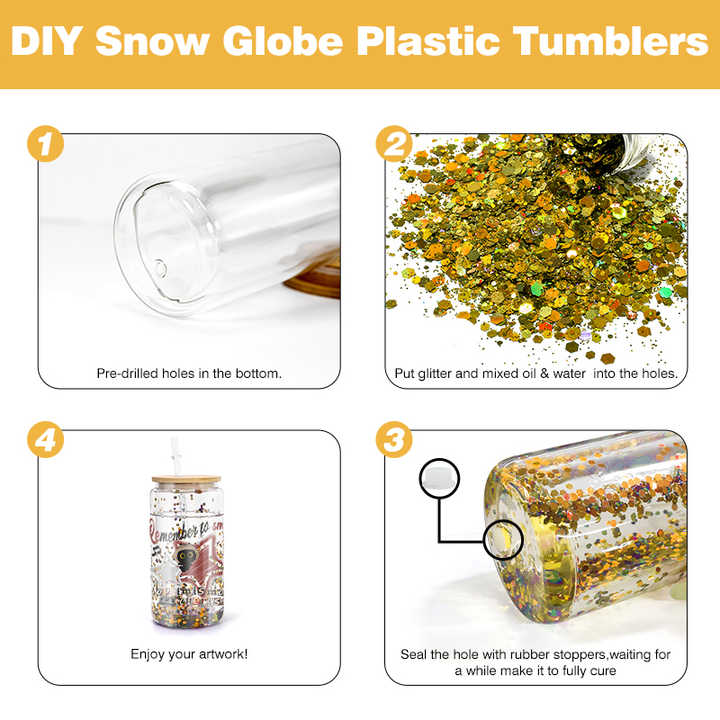 Skylety 9 Pcs Snow Globe Tumbler Supplies For Glitter Snow Globe Kit Diy Glass Cup Gift 16oz Pre Drilled Double Wall Cup With Lid And Straw Squeeze Bottle Funnel Tweezer Bent Syringebeigebamboo