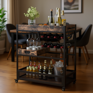 Industrial 3-Tier Serving Cart With Wine <b>Rack</b> Metal Steel Solid Wood Home Furniture For Dining Room - Product Image 2