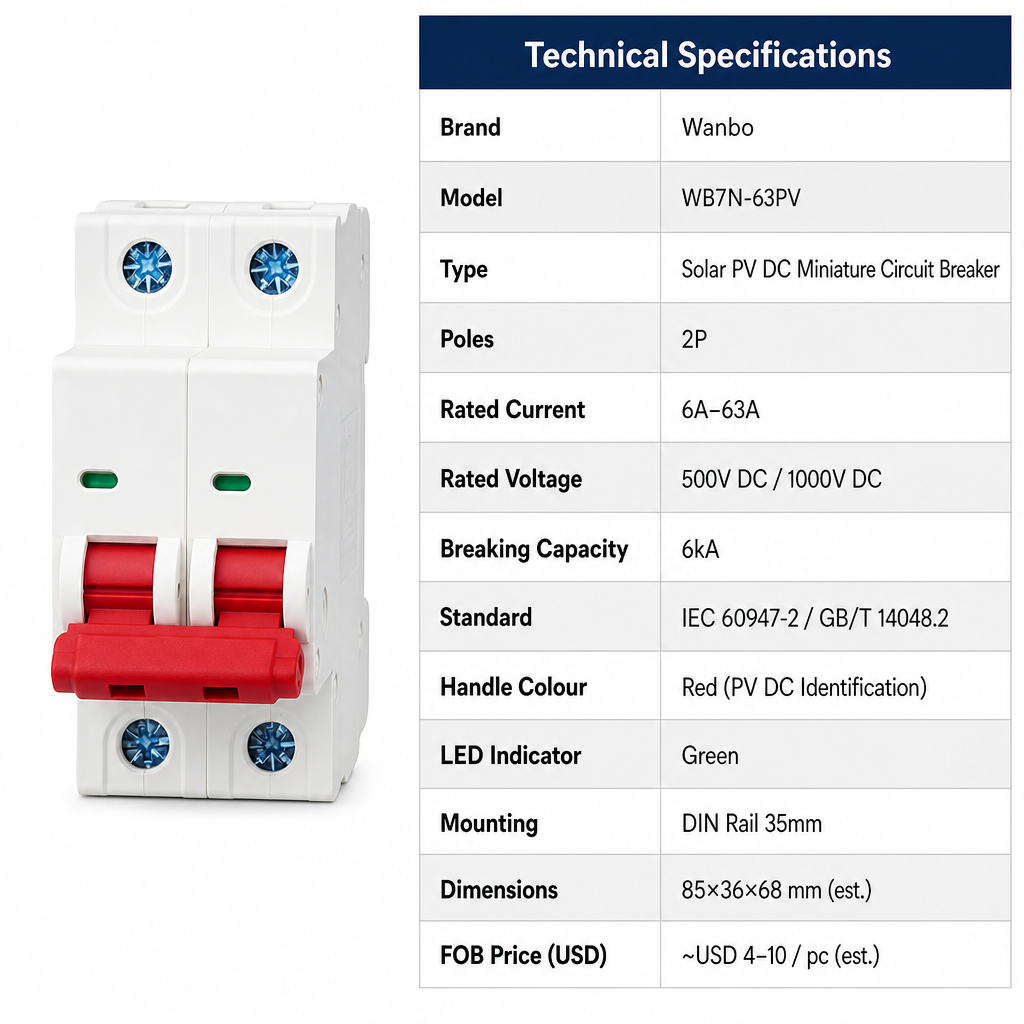 Wanbo-5012P 500V 1000V DC 6kA Red Handle Green LED CCC CE Solar PV DIN Rail DC Miniature Circuit Breaker · image 4