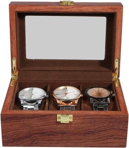 3 Slot Watch Display Case with Glass Lid Classic Rosewood Wooden Watch Organizer Modern Rectangle Wood Watch <b>Storage</b> <b>Box</b> - Product Image 2