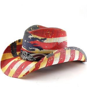 Chapeau de cowboy en paille fait main à bord roulé pour l'été, style Texas Ranger, <span class=keywords><strong>Stetson</strong></span> Panama, avec imprimé drapeau américain pour hommes - Product Image 2