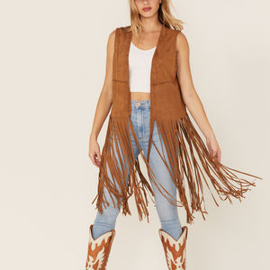 <span class=keywords><strong>Chaleco</strong></span> sin mangas de piel sintética de ante con flecos personalizado para mujer a la moda modesta al por mayor, ropa de calle, <span class=keywords><strong>disfraz</strong></span> de <span class=keywords><strong>vaquera</strong></span>, <span class=keywords><strong>chaleco</strong></span> con borlas frontales abiertas - Product Image 2