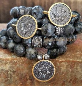 BM25158 Pulseras con dijes de moda Pila de cuentas facetadas de labradorita con mano redonda CZ Hamsa y pulsera Micro Pave Ball Star David - Product Image 1