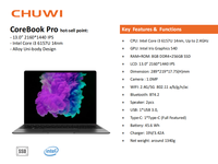 Nuovo Laptop Chuwi Corebook Pro con Intel Core I3 6157U, 8GB DDR4, 256GB SSD, Schermo 13" 2160x1440