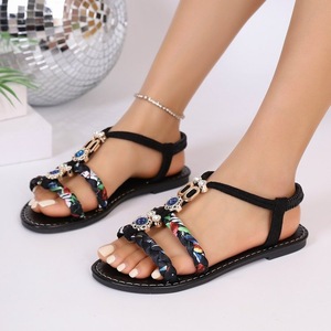 Women Bohemian Flat <b>Sandals</b> Braided Fabric Strap Rhinestone Decor <b>Elastic</b> Ankle Strap Summer Beach Ladies <b>Sandals</b> Wholesale - Product Image 2
