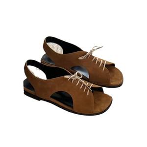 Sandalias Casuales de Verano 2026, Nuevas, de Cuero Genuino y Gamuza, con Punta Cuadrada, Cierre de Cordones, Punta Abierta, para Mujer, Sandalias de Playa - Product Image 5