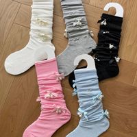 Chaussettes mi-mollet pour femme, style rétro, avec nœud perlé et strass scintillants, en coton absorbant la transpiration, fines et amincissantes pour l'été
