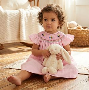 Custom OEM ODM Service High Quality Solid Color Pink Cotton Smocked Frocks Breathable Hand Embroidered Neckline Casual - Product Image 1