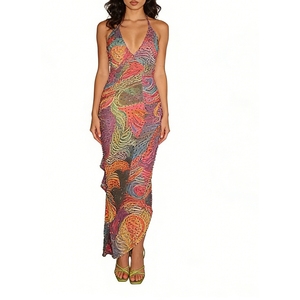 Robe longue moulante en maille transparente à imprimé abstrait et col licou pour femme, idéale pour les soirées et les événements – Collection Mode - Product Image 4
