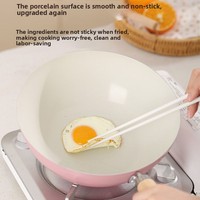 Nouvelle poêle wok rose en fer forgé, revêtement céramique antiadhésif, fond plat, pour cuisinières universelles domestiques, sans couvercle