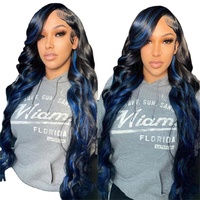 Wig rambut manusia warna biru modern dengan highlight, gelombang body, lace depan transparan 13*4/4*4 untuk wanita kulit hitam.