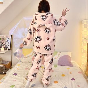 بيجامة نسائية شتوية جديدة مع بيجامات فلانيل سميكة قطيفة ولطيفة مع سحاب قطة بغطاء رأس - Product Image 1