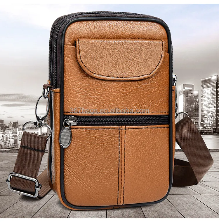 Fashion new 7.5 inch leather mobile phone bag men wear belt waist bag multifunctional vertical mini cowhide messenger bag