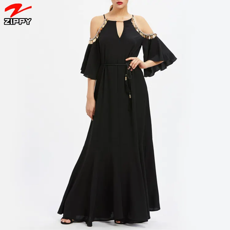 2022 hot sale high quality sexy hollow out black chiffon Boho Vestido Maxi elegant women dress
