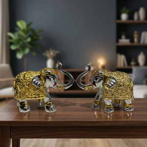 NIRMALA HANDICRAFTS - Paire d'éléphants contemporains en métal argenté et doré, objet décoratif |   Ensemble de figurines décoratives pour la décoration de la maison - Product Image 1
